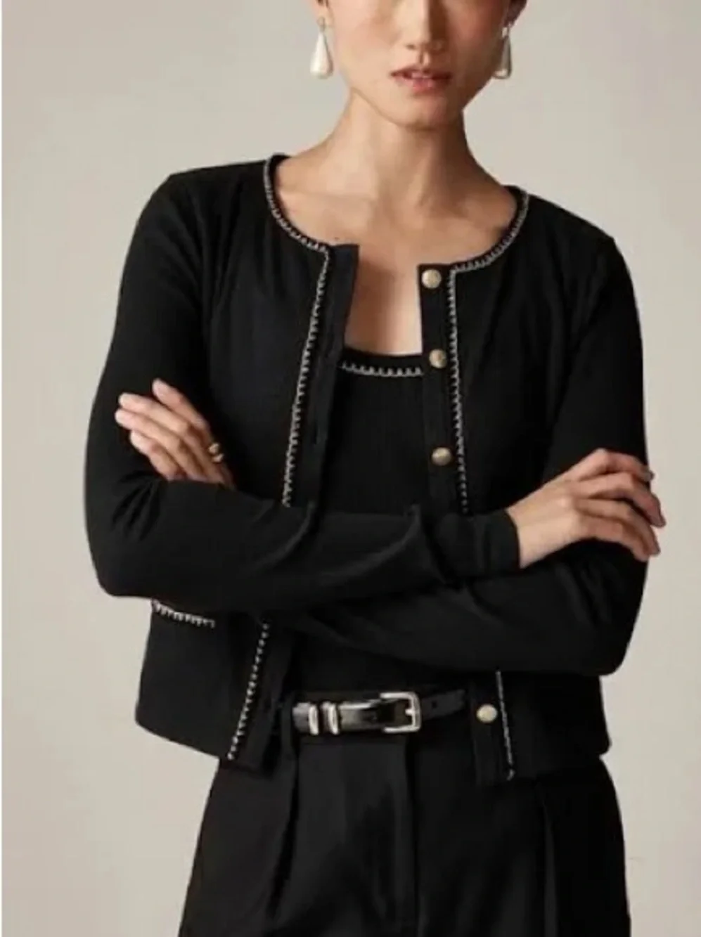 J Crew Black Knit Button Cardigan With Gold Chain Embellishment NWOT